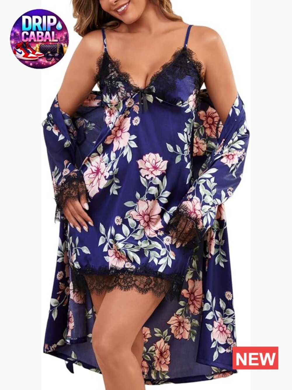 Women's Silk Lingerie Nightgown & Robe 2-Piece Pajama Set V-Neck Cami